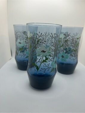 Libbey Blue Floral Glasses with Green and White Accents